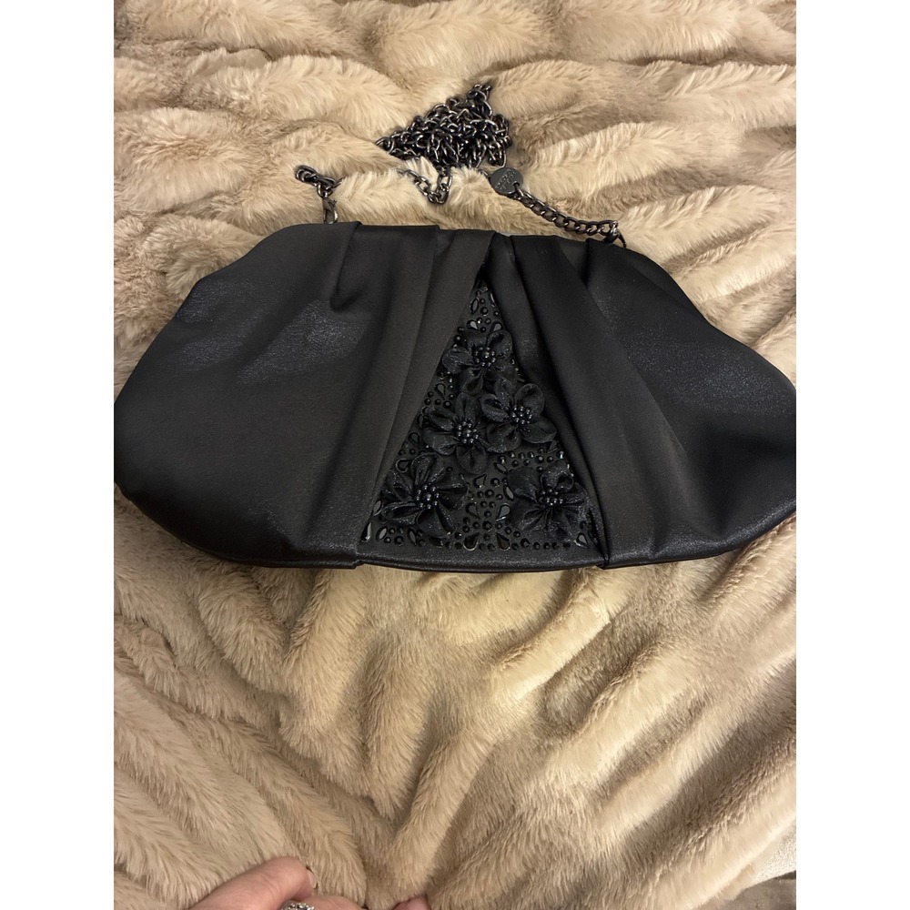 Badgley Mischka Black Satin Floral Beaded‎ Evening Clutch Bag Chain Strap Formal